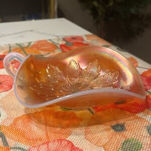 Dugan Leaf Rays Marigold Carnival Glass Spade Nappy Handled Candy Dish Vintage